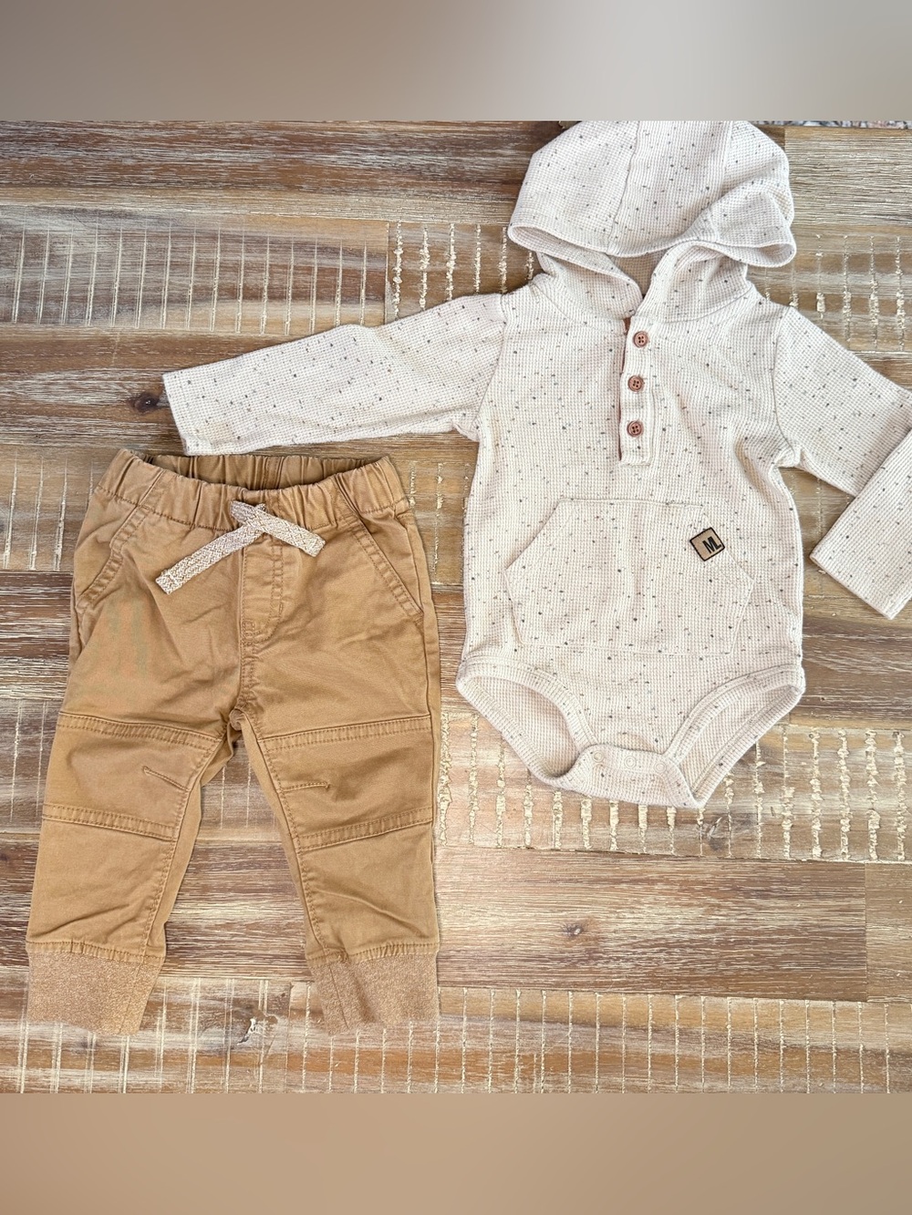 Mario Lopez onesie and cat & Jack jogger pants outfit 12m